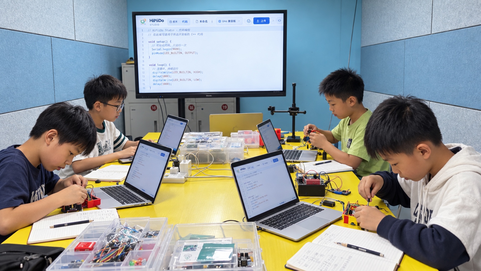 学生在课堂中使用 HiPiiDo Studio，电视展示软件界面；人物与环境经过加工