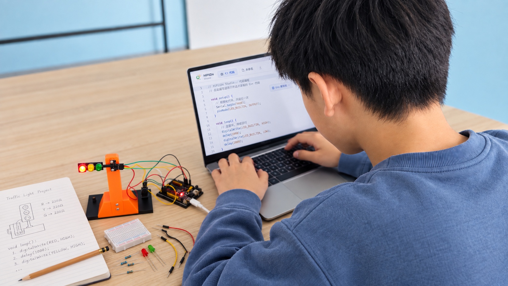 学生使用 HiPiiDo Studio 编程并实践红绿灯项目，桌上有笔记与电子元件；加工场景图